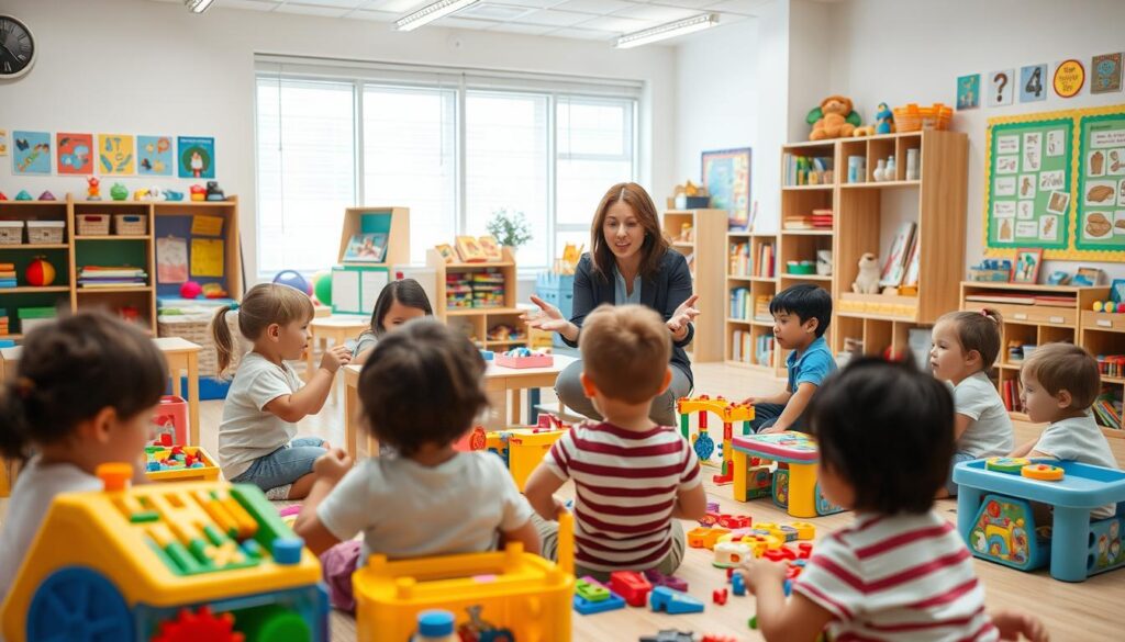 A brightly lit indoor classroom filled with a variety of playful learning materials. In the foreground, a group of young children enthusiastically engaging with educational toys, puzzles, and construction sets. The middle ground features a teacher guiding the children, using expressive gestures and a warm, inviting demeanor. The background showcases colorful wall displays, educational posters, and a cozy reading nook, creating an atmosphere of creativity and discovery. The overall scene conveys a sense of joyful, hands-on learning, where play is seamlessly integrated into the learning process.