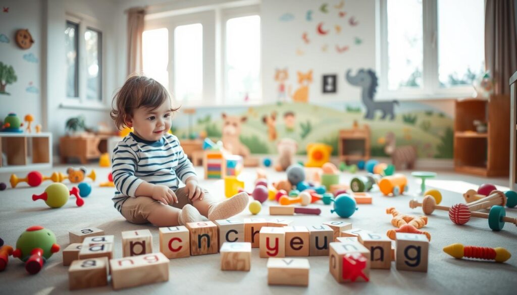 A colorful and engaging playroom with a toddler sitting on the floor surrounded by various speech and language development toys. Soft natural lighting filters in through large windows, creating a warm and inviting atmosphere. In the foreground, the toddler is enthusiastically interacting with a set of wooden blocks, each inscribed with a different letter or simple phonetic sound. In the middle ground, an assortment of plush toys, rattles, and musical instruments are scattered, encouraging the toddler to explore different textures, sounds, and speech patterns. The background features a cheerful mural depicting friendly animal characters, subtly reinforcing the theme of early language acquisition. A colorful and engaging playroom with a toddler sitting on the floor surrounded by various speech and language development toys. Soft natural lighting filters in through large windows, creating a warm and inviting atmosphere. In the foreground, the toddler is enthusiastically interacting with a set of wooden blocks, each inscribed with a different letter or simple phonetic sound. In the middle ground, an assortment of plush toys, rattles, and musical instruments are scattered, encouraging the toddler to explore different textures, sounds, and speech patterns. The background features a cheerful mural depicting friendly animal characters, subtly reinforcing the theme of early language acquisition.
