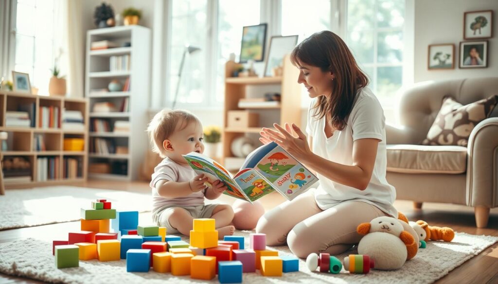 A cozy, sun-lit living room with a mother and toddler engaged in early language development activities. In the foreground, the child is sitting on the floor, surrounded by colorful building blocks, picture books, and plush toys. The mother kneels beside them, holding a vibrant picture book, gesturing with her hands as she speaks animatedly. Soft, natural lighting filters in through large windows, casting a warm glow on the scene. The background features a bookshelf, family photos, and a plush armchair, creating a nurturing, home-like atmosphere. The overall mood is one of calm, attentive interaction, fostering the child's language and cognitive growth. A cozy, sun-lit living room with a mother and toddler engaged in early language development activities. In the foreground, the child is sitting on the floor, surrounded by colorful building blocks, picture books, and plush toys. The mother kneels beside them, holding a vibrant picture book, gesturing with her hands as she speaks animatedly. Soft, natural lighting filters in through large windows, casting a warm glow on the scene. The background features a bookshelf, family photos, and a plush armchair, creating a nurturing, home-like atmosphere. The overall mood is one of calm, attentive interaction, fostering the child's language and cognitive growth.