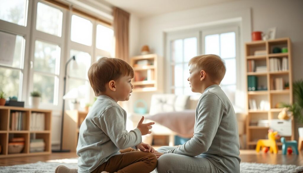 A cozy, well-lit home study with natural light flooding through large windows. In the foreground, a parent and child sit facing each other, intently engaged in a mirror practice exercise. The parent's expression is patient and encouraging, guiding the child to mimic speech sounds and facial movements. Soft, muted colors create a serene, nurturing atmosphere, conveying the warmth and intimacy of a one-on-one learning experience. The background features bookcases, educational toys, and other subtle details that suggest a stimulating, child-friendly environment conducive to language development. A cozy, well-lit home study with natural light flooding through large windows. In the foreground, a parent and child sit facing each other, intently engaged in a mirror practice exercise. The parent's expression is patient and encouraging, guiding the child to mimic speech sounds and facial movements. Soft, muted colors create a serene, nurturing atmosphere, conveying the warmth and intimacy of a one-on-one learning experience. The background features bookcases, educational toys, and other subtle details that suggest a stimulating, child-friendly environment conducive to language development.