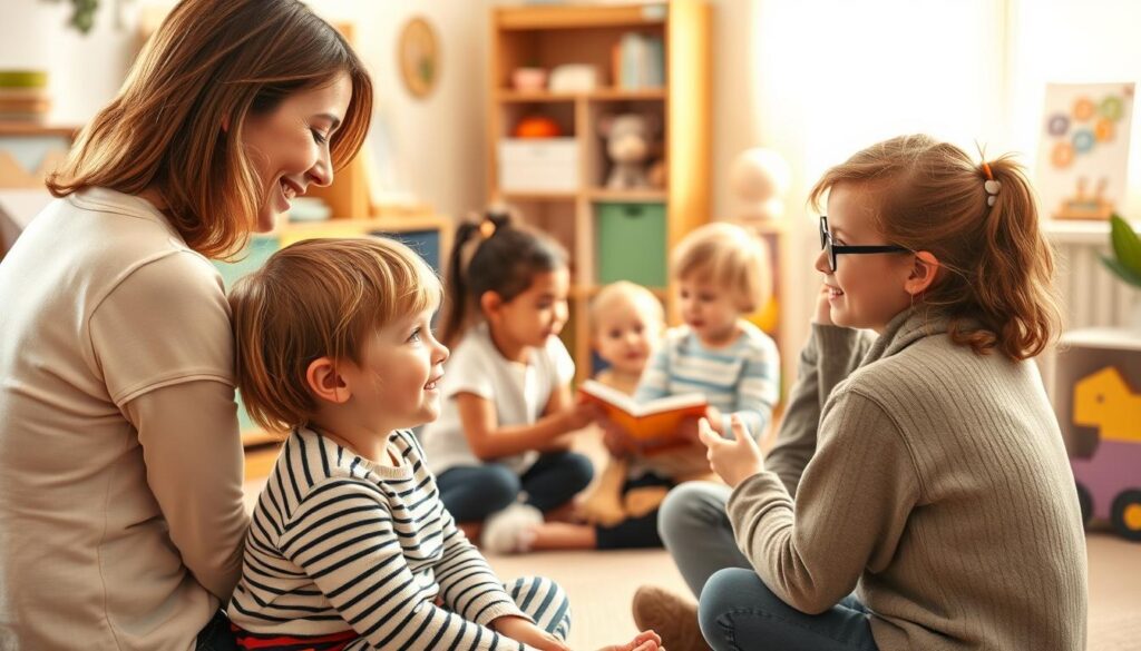 A group of children engaged in one-on-one speech therapy sessions, each with a caring therapist guiding them through gentle exercises and games designed to nurture their communication skills. The scene is bathed in warm, soft lighting, creating an atmosphere of comfort and encouragement. In the foreground, a young child sits across from their therapist, their faces alight with the joy of learning. In the middle ground, other children practice pronunciation, building vocabulary, and honing their listening abilities. The background features a cozy, inviting space filled with educational toys, books, and visuals to aid the learning process. The overall mood is one of hope, progress, and the collaborative nature of early intervention speech strategies. A group of children engaged in one-on-one speech therapy sessions, each with a caring therapist guiding them through gentle exercises and games designed to nurture their communication skills. The scene is bathed in warm, soft lighting, creating an atmosphere of comfort and encouragement. In the foreground, a young child sits across from their therapist, their faces alight with the joy of learning. In the middle ground, other children practice pronunciation, building vocabulary, and honing their listening abilities. The background features a cozy, inviting space filled with educational toys, books, and visuals to aid the learning process. The overall mood is one of hope, progress, and the collaborative nature of early intervention speech strategies.