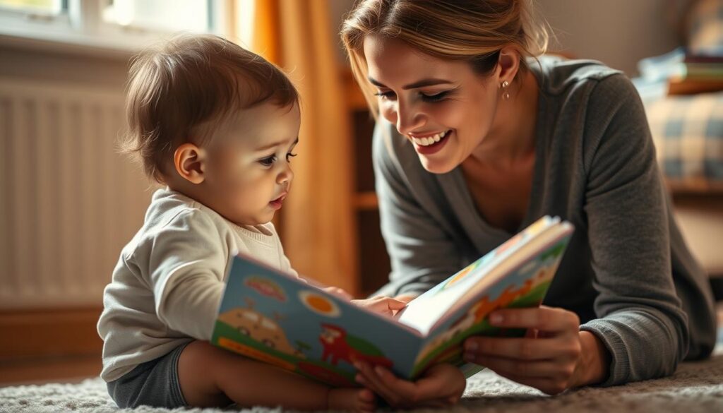 A toddler sitting on the floor, intently focused on a parent holding a colorful picture book. Warm, soft lighting from a nearby window illuminates their faces as they engage in an intimate moment of discovery and learning. The parent's expression is patient and nurturing, gently guiding the child's attention to the vibrant illustrations. The background is blurred, drawing the viewer's eye to the central interaction and the natural, unforced connection between the two. The overall scene conveys the collaborative, joyful nature of early language development, where parent and child learn and grow together.