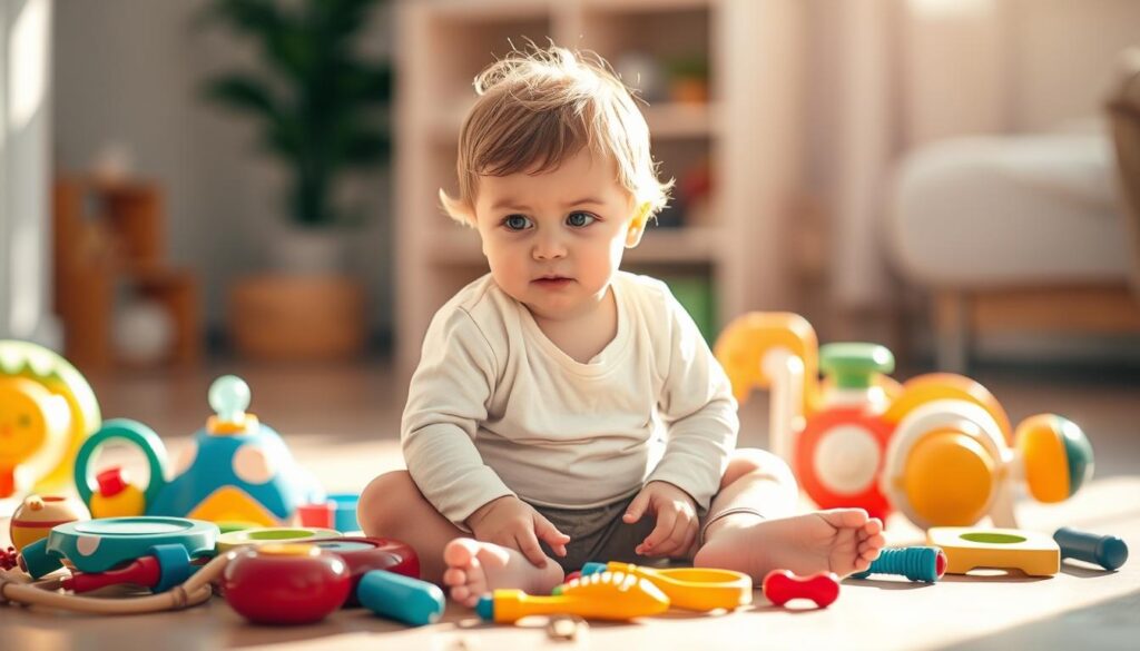 A toddler sitting on the floor, surrounded by various toys and developmental tools. The toddler's facial expression conveys a sense of focus and concentration as they attempt to communicate. The scene is brightly lit, with warm, natural lighting that casts soft shadows. The background is blurred, creating a sense of depth and drawing the viewer's attention to the toddler. The toys and tools are strategically placed, suggesting a nurturing and supportive environment for the child's speech development. The overall mood is one of calm, curiosity, and the importance of early intervention for speech delays. A toddler sitting on the floor, surrounded by various toys and developmental tools. The toddler's facial expression conveys a sense of focus and concentration as they attempt to communicate. The scene is brightly lit, with warm, natural lighting that casts soft shadows. The background is blurred, creating a sense of depth and drawing the viewer's attention to the toddler. The toys and tools are strategically placed, suggesting a nurturing and supportive environment for the child's speech development. The overall mood is one of calm, curiosity, and the importance of early intervention for speech delays.