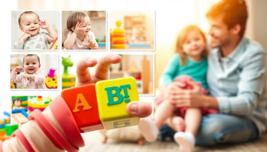 A vibrant collage depicting the milestones of a child's first words development. In the foreground, a toddler's hand reaches out, grasping a brightly colored alphabet block. Behind them, a series of snapshots showcase the joyous moments - a baby's first coo, a toddler's tentative babble, and a child's triumphant exclamation. The middle ground is a kaleidoscope of colorful toys, books, and educational tools, symbolizing the supportive environment that nurtures language growth. In the background, a warm, soft-focus scene of a loving parent and child, their bond radiating through the frame. Soft, natural lighting illuminates the scene, creating a heartwarming, nostalgic atmosphere that captures the wonder of a child's linguistic journey.