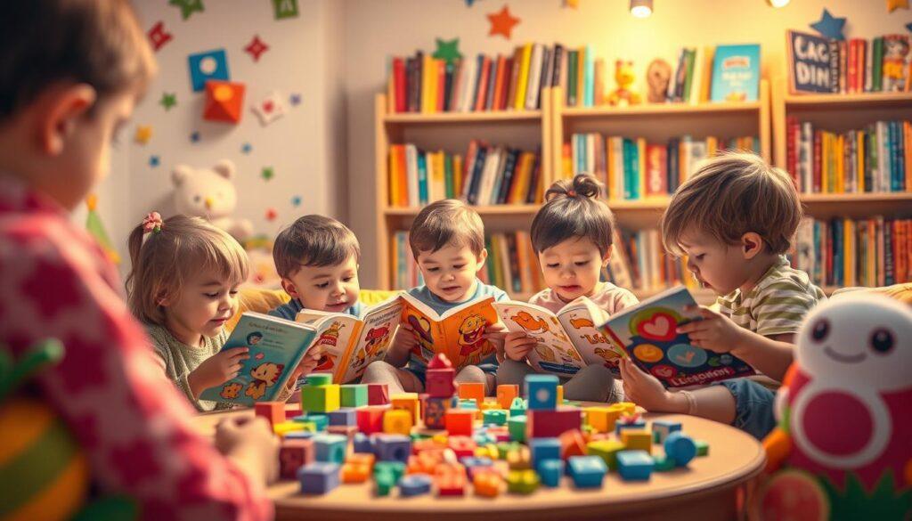 A vibrant storybook scene unfolds, filled with whimsical characters engaged in playful language games. In the foreground, a group of toddlers sit around a cozy reading nook, their eyes alight with wonder as they flip through colorful pages, exploring interactive elements like pop-ups and touchable textures. In the middle ground, a gentle, warm-toned lighting illuminates a table brimming with blocks, alphabet magnets, and other educational toys that encourage hands-on learning. In the background, a bookshelf overflows with storybooks, their spines beckoning curious young minds to dive into enchanting narratives. The overall atmosphere is one of boundless imagination, fostering a love of language and storytelling. A vibrant storybook scene unfolds, filled with whimsical characters engaged in playful language games. In the foreground, a group of toddlers sit around a cozy reading nook, their eyes alight with wonder as they flip through colorful pages, exploring interactive elements like pop-ups and touchable textures. In the middle ground, a gentle, warm-toned lighting illuminates a table brimming with blocks, alphabet magnets, and other educational toys that encourage hands-on learning. In the background, a bookshelf overflows with storybooks, their spines beckoning curious young minds to dive into enchanting narratives. The overall atmosphere is one of boundless imagination, fostering a love of language and storytelling.