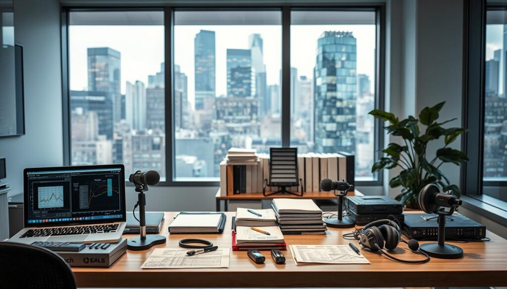 A well-lit office setting with a desk, a laptop, and various speech tracking tools arranged neatly. In the foreground, a selection of digital speech analysis software, microphones, and headsets. In the middle ground, a collection of books and papers related to speech development and assessment. The background features a large window overlooking a bustling city, creating a sense of professionalism and expertise. The overall mood is one of focused, analytical investigation, with a touch of modern, minimalist design.