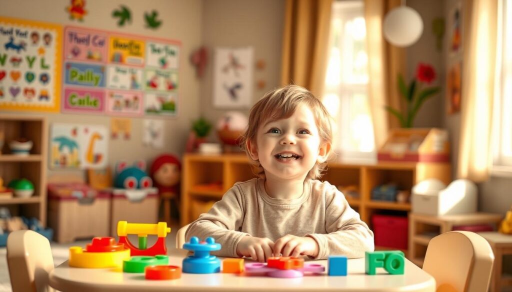 A young child, their face aglow with joy and wonder, sits at a small table, surrounded by colorful toys and learning materials. Warm, natural light streams in through a window, casting a soft, inviting glow. In the background, a cozy, nurturing environment filled with educational posters, books, and developmental aids. The child's confident expression and engaged posture suggest the success of early intervention, empowering them on their journey of speech and language development. A sense of progress, positivity, and supportive care permeates the scene, offering a glimpse into the transformative power of early intervention. A young child, their face aglow with joy and wonder, sits at a small table, surrounded by colorful toys and learning materials. Warm, natural light streams in through a window, casting a soft, inviting glow. In the background, a cozy, nurturing environment filled with educational posters, books, and developmental aids. The child's confident expression and engaged posture suggest the success of early intervention, empowering them on their journey of speech and language development. A sense of progress, positivity, and supportive care permeates the scene, offering a glimpse into the transformative power of early intervention.
