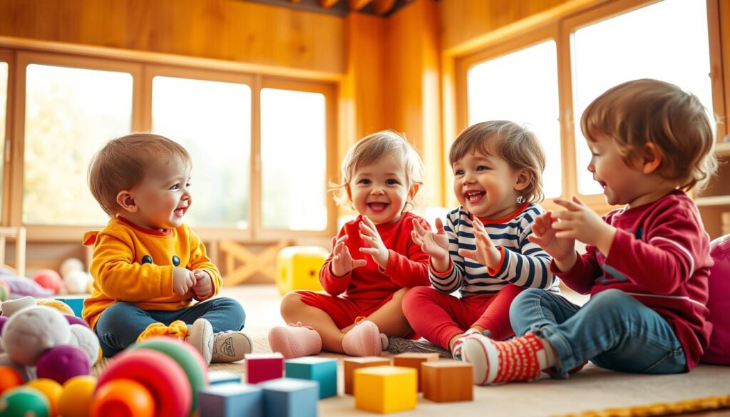 Toddlers engaged in lively interactive play, their faces alight with joy and curiosity. Vibrant colors and textures surround them - plush toys, wooden blocks, and soft play mats. Warm, natural lighting filters through large windows, casting a cozy glow. The toddlers sit cross-legged, animatedly communicating with each other, hands gesturing as they explore and discover. Their expressions are alive with the thrill of learning, their mouths open in laughter and animated speech. The scene exudes a sense of warmth, wonder, and the pure, uninhibited joy of childhood exploration and discovery. Toddlers engaged in lively interactive play, their faces alight with joy and curiosity. Vibrant colors and textures surround them - plush toys, wooden blocks, and soft play mats. Warm, natural lighting filters through large windows, casting a cozy glow. The toddlers sit cross-legged, animatedly communicating with each other, hands gesturing as they explore and discover. Their expressions are alive with the thrill of learning, their mouths open in laughter and animated speech. The scene exudes a sense of warmth, wonder, and the pure, uninhibited joy of childhood exploration and discovery.