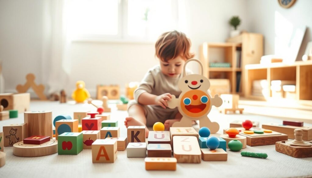 A bright, airy playroom filled with Montessori speech toys designed for vocabulary building. In the foreground, a colorful assortment of toys including wooden letter blocks, picture cards depicting various nouns, and interactive phonetic sound buttons, all neatly arranged on a soft, textured mat. In the middle, a toddler with tousled hair, dressed in a simple, modest outfit, eagerly interacts with a large, friendly toy that produces sounds when pressed. The background features a bright window letting in warm natural light, illuminating the space, and a low shelf filled with neatly organized educational materials. The mood is joyful and engaging, capturing the essence of playful learning in a nurturing atmosphere. The scene is well-composed with a shallow depth of field, focusing on the toys and the child, creating an inviting and inspiring image.