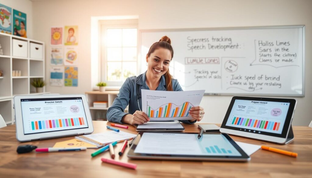 A bright and inviting workspace designed for tracking speech development progress. In the foreground, a modern wooden desk displays colorful progress tracking charts and digital tablets showcasing tracking apps, along with scattered notes and markers. In the middle, a friendly, focused educator in professional attire is analyzing a chart with a smile, highlighting a positive interaction. The background features a whiteboard with hand-drawn milestones related to speech development and language skills, surrounded by vibrant educational posters. Soft, natural lighting from a nearby window pours in, creating an uplifting, motivating atmosphere. The image conveys a sense of accomplishment and growth, symbolizing effective learning and communication skills development.