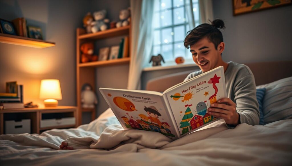 A cozy bedroom scene at bedtime, focusing on a parent and child engaged in a storytelling activity. In the foreground, the parent, dressed in comfortable, modest pajamas, sits on the edge of a bed, animatedly reading a colorful storybook. The child, with an eager expression, snuggles under a soft blanket, their eyes wide with curiosity. In the middle ground, a warm bedside lamp casts a gentle glow, illuminating vibrant illustrations on the pages, creating a sense of intimacy and connection. In the background, shelves filled with books and stuffed animals add a whimsical touch, while stars twinkle softly through a window, enhancing the magical bedtime atmosphere. The overall mood is nurturing and peaceful, highlighting the joy of bedtime communication and bonding.