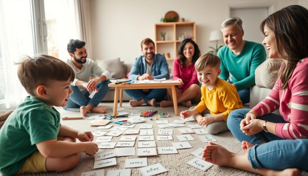 A cozy family gathering in a bright living room, focusing on two children playing a language game. In the foreground, the children, dressed in colorful casual clothing, are seated on the floor with a variety of handmade cards featuring fun vocabulary words. A table in the middle background is cluttered with art supplies like markers, paper, and scissors, showing creative game elements. The parents, also in casual attire, are observing with smiles, engaging in the joyful atmosphere. Soft, natural light spills in through a large window, illuminating the space and creating a warm, cheerful mood. The angle is slightly elevated, capturing both the children's expressions and the creative chaos around them, emphasizing the fun of making up games together. A cozy family gathering in a bright living room, focusing on two children playing a language game. In the foreground, the children, dressed in colorful casual clothing, are seated on the floor with a variety of handmade cards featuring fun vocabulary words. A table in the middle background is cluttered with art supplies like markers, paper, and scissors, showing creative game elements. The parents, also in casual attire, are observing with smiles, engaging in the joyful atmosphere. Soft, natural light spills in through a large window, illuminating the space and creating a warm, cheerful mood. The angle is slightly elevated, capturing both the children's expressions and the creative chaos around them, emphasizing the fun of making up games together.