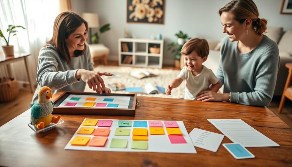 A cozy home setting portraying a family engaged in tracking speech development progress. In the foreground, a wooden table displays colorful charts and colorful sticky notes with symbols representing words. A parent and child, both in modest casual clothing, enthusiastically point to the notes, while a small toy representing speech, like a talking parrot, is nearby. In the middle ground, a plush rug invites interaction, with scattered books and speech flashcards. The background features a softly lit living room with warm sunlight filtering through sheer curtains, creating an inviting atmosphere. The scene captures a sense of joy, collaboration, and learning, emphasizing hands-on activities in a nurturing environment. The overall mood is uplifting and encouraging, highlighting the importance of tracking progress in a playful setting.