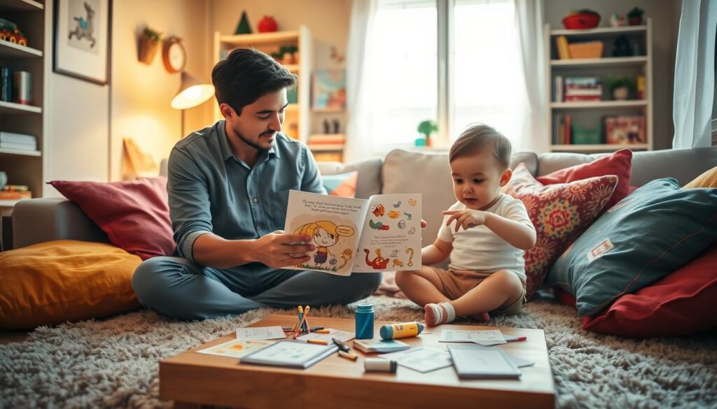A cozy, inviting living room scene illuminated by warm, soft light. In the foreground, a parent and child engaged in a storytelling session, sitting on a plush rug surrounded by colorful pillows. The parent, dressed in casual yet neat clothing, holds an open book filled with whimsical illustrations, while the child, with a look of curiosity, points at the pictures with wide eyes. In the middle of the scene, a coffee table is scattered with art supplies, story prompts, and question cards, hinting at interactive storytelling. In the background, bookshelves filled with children's books and toys add to the atmosphere of imaginative play. The mood is warm, engaging, and nurturing, evoking a sense of connection and creativity. A cozy, inviting living room scene illuminated by warm, soft light. In the foreground, a parent and child engaged in a storytelling session, sitting on a plush rug surrounded by colorful pillows. The parent, dressed in casual yet neat clothing, holds an open book filled with whimsical illustrations, while the child, with a look of curiosity, points at the pictures with wide eyes. In the middle of the scene, a coffee table is scattered with art supplies, story prompts, and question cards, hinting at interactive storytelling. In the background, bookshelves filled with children's books and toys add to the atmosphere of imaginative play. The mood is warm, engaging, and nurturing, evoking a sense of connection and creativity.