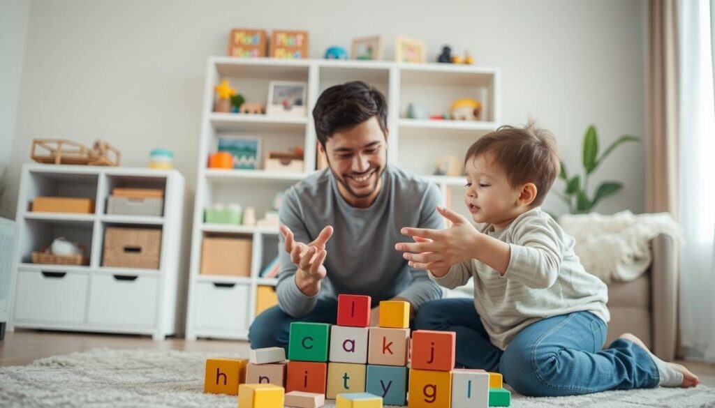 A parent and child engaged in a speech therapy activity in a cozy, well-lit living room. The parent, casually dressed, kneels alongside the child, who is playing with colorful blocks, each labeled with simple phonetic sounds. In the foreground, the child is smiling, clearly focused on assembling the blocks while the parent uses hand gestures to emphasize sounds. In the middle, shelves are filled with educational materials and toys that stimulate communication, creating a supportive learning environment. The background features a large window, allowing soft, natural light to illuminate the scene, enhancing the warmth and positivity of the atmosphere. The mood is encouraging and playful, fostering a sense of connection and communication between the parent and child. A parent and child engaged in a speech therapy activity in a cozy, well-lit living room. The parent, casually dressed, kneels alongside the child, who is playing with colorful blocks, each labeled with simple phonetic sounds. In the foreground, the child is smiling, clearly focused on assembling the blocks while the parent uses hand gestures to emphasize sounds. In the middle, shelves are filled with educational materials and toys that stimulate communication, creating a supportive learning environment. The background features a large window, allowing soft, natural light to illuminate the scene, enhancing the warmth and positivity of the atmosphere. The mood is encouraging and playful, fostering a sense of connection and communication between the parent and child.