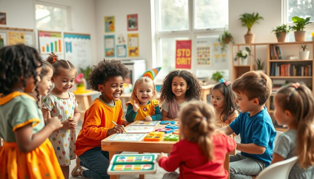 A vibrant and engaging scene depicting a classroom filled with children participating in diverse learning through play activities. In the foreground, a group of children of various ethnicities, engaged in role-playing with colorful costumes and props, express enthusiasm through their interactions. In the middle ground, a table is set with art supplies, books, and interactive games that encourage conversation and teamwork. The background features a bright, cheerful classroom environment with educational posters and plants. Soft, natural lighting filters through large windows, creating a warm and inviting atmosphere. The lens captures this lively moment from a slightly elevated angle, emphasizing the joy and energy of the learning process while fostering language development through playful engagement. A vibrant and engaging scene depicting a classroom filled with children participating in diverse learning through play activities. In the foreground, a group of children of various ethnicities, engaged in role-playing with colorful costumes and props, express enthusiasm through their interactions. In the middle ground, a table is set with art supplies, books, and interactive games that encourage conversation and teamwork. The background features a bright, cheerful classroom environment with educational posters and plants. Soft, natural lighting filters through large windows, creating a warm and inviting atmosphere. The lens captures this lively moment from a slightly elevated angle, emphasizing the joy and energy of the learning process while fostering language development through playful engagement.