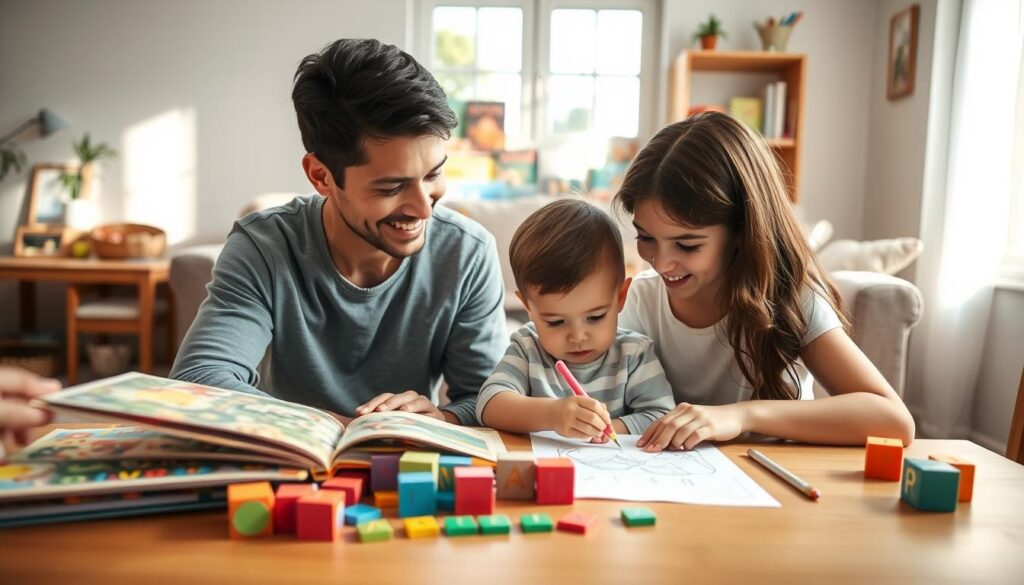 A warm, inviting home setting featuring a family engaged in meaningful language activities. In the foreground, a young child and a parent sit at a wooden table, surrounded by colorful books, alphabet blocks, and drawing materials. The child is focused on coloring a picture, while the parent attentively guides them through a storytelling game. In the middle background, a cozy couch with cushions displays a bookshelf filled with children's literature and educational games. Soft natural light filters through a window, casting gentle shadows and creating a cheerful atmosphere. The scene conveys collaboration, joy, and a nurturing environment, showcasing the essence of language growth activities. The lens captures a slightly elevated angle to emphasize interaction and engagement, ensuring a dynamic composition. A warm, inviting home setting featuring a family engaged in meaningful language activities. In the foreground, a young child and a parent sit at a wooden table, surrounded by colorful books, alphabet blocks, and drawing materials. The child is focused on coloring a picture, while the parent attentively guides them through a storytelling game. In the middle background, a cozy couch with cushions displays a bookshelf filled with children's literature and educational games. Soft natural light filters through a window, casting gentle shadows and creating a cheerful atmosphere. The scene conveys collaboration, joy, and a nurturing environment, showcasing the essence of language growth activities. The lens captures a slightly elevated angle to emphasize interaction and engagement, ensuring a dynamic composition.