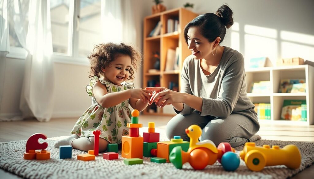 A warm, inviting scene depicting a parent and child engaged in play with colorful educational toys on a soft rug in a cozy living room. The child, a young girl with curly hair wearing a cheerful floral dress, eagerly holds a building block while the parent, a woman in modest casual clothing, kneels beside her, pointing to a toy animal and smiling. Sunlight streams through a nearby window, casting soft shadows and illuminating their interaction, creating a joyful atmosphere that embodies connection and learning. In the background, bookshelves filled with children’s books and more toys add to the nurturing environment, emphasizing the theme of dialogue and engagement in vocabulary building. The angle is slightly elevated, capturing both subjects and their playful interaction clearly.