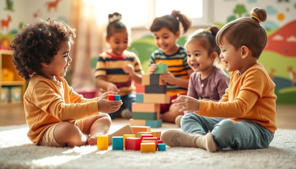 A warm, inviting scene of a diverse group of children aged 4 to 6 years engaged in playful back-and-forth conversations in a colorful playroom. In the foreground, a boy with curly hair and a girl with pigtails are sitting cross-legged on a soft rug, exchanging toy blocks with cheerful expressions, illustrating the essence of interaction. In the middle ground, two other children build a tower with blocks while giggling, showcasing dynamic play. The background features bright wall decals of animals and landscapes, adding to the playful atmosphere. Soft natural light filters through a window, casting a gentle glow on the scene, creating a joyful and nurturing mood, captured from a slightly elevated angle to encompass the whole activity space. A warm, inviting scene of a diverse group of children aged 4 to 6 years engaged in playful back-and-forth conversations in a colorful playroom. In the foreground, a boy with curly hair and a girl with pigtails are sitting cross-legged on a soft rug, exchanging toy blocks with cheerful expressions, illustrating the essence of interaction. In the middle ground, two other children build a tower with blocks while giggling, showcasing dynamic play. The background features bright wall decals of animals and landscapes, adding to the playful atmosphere. Soft natural light filters through a window, casting a gentle glow on the scene, creating a joyful and nurturing mood, captured from a slightly elevated angle to encompass the whole activity space.