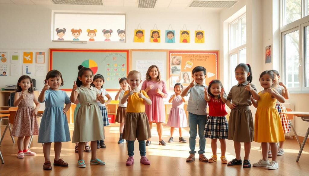 A bright, inviting classroom setting filled with natural light, where children engage in playful body language practice. In the foreground, a diverse group of kids, aged 6 to 10, are demonstrating various gestures like thumbs-up, waving, and hands-on-hips poses, dressed in cheerful, modest clothing. The middle ground features a teacher, encouraging them to express emotions through movement. Colorful posters depicting different emotions hang on the walls, enhancing the learning environment. In the background, soft sunlight filters through large windows, creating a warm and friendly atmosphere. The scene captures a sense of joy and collaboration, emphasizing the importance of non-verbal communication in a fun, educational space. Use a wide-angle lens to encompass the entire classroom and showcase the lively interaction. A bright, inviting classroom setting filled with natural light, where children engage in playful body language practice. In the foreground, a diverse group of kids, aged 6 to 10, are demonstrating various gestures like thumbs-up, waving, and hands-on-hips poses, dressed in cheerful, modest clothing. The middle ground features a teacher, encouraging them to express emotions through movement. Colorful posters depicting different emotions hang on the walls, enhancing the learning environment. In the background, soft sunlight filters through large windows, creating a warm and friendly atmosphere. The scene captures a sense of joy and collaboration, emphasizing the importance of non-verbal communication in a fun, educational space. Use a wide-angle lens to encompass the entire classroom and showcase the lively interaction.