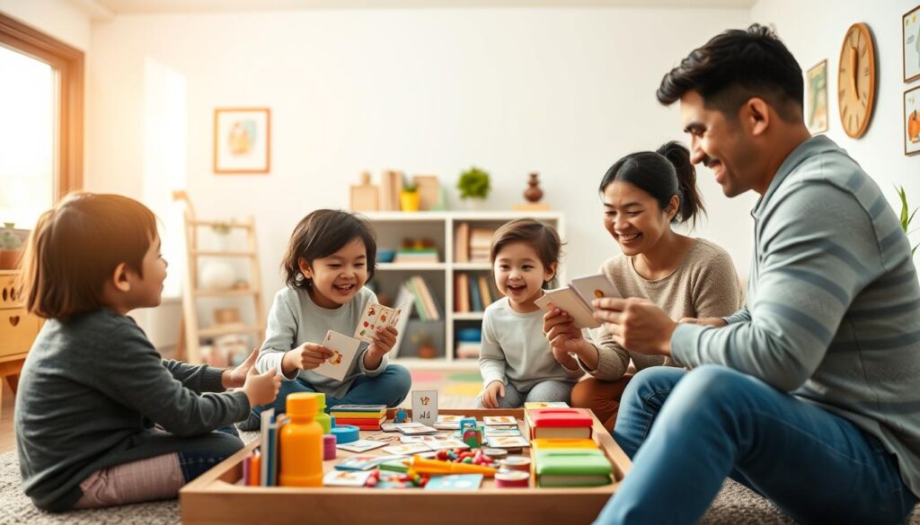 A colorful and engaging scene depicting a family environment that embodies routine-based learning strategies. In the foreground, a diverse family of four—parents and two children—are participating in a fun, interactive language game with flashcards, showcasing their collaboration and communication. In the middle, a neatly organized play area filled with books, toys, and learning materials highlights the importance of a structured environment. The background captures a cozy living room with soft, warm lighting filtering through a large window, creating a welcoming atmosphere. The mood is joyful and nurturing, reflecting the strong communication habits being developed. The setting features elements of creativity and activity, showcasing engagement in learning, with the lens set to a bright, inviting tone.