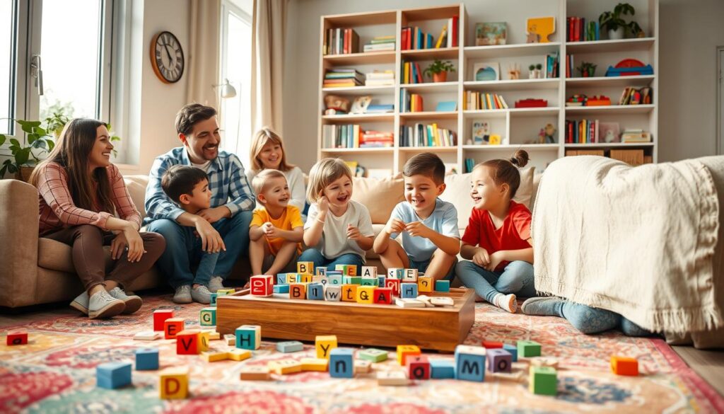 A cozy family living room filled with joy, where a diverse group of family members, including kids and adults, engage in playful language games. In the foreground, a colorful rug features alphabet blocks and rhyme cards scattered around. The middle section showcases children laughing while playing a word game at a wooden coffee table, their faces illuminated by soft, warm lighting. In the background, shelves lined with books and educational toys create an inviting atmosphere. Large windows allow natural daylight to filter in, enhancing the cheerful mood. Shot with a wide-angle lens to capture the entire scene, the composition emphasizes creativity and familial bonding, inspiring viewers with the joyful experience of learning through games.