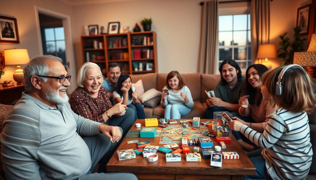 A cozy, warmly lit living room filled with a multi-generational family enjoying a game night together. In the foreground, a group of four diverse family members – a grandparent, parent, and two children – sit around a coffee table cluttered with board games and snacks. The grandparent smiles while holding a game piece, the parent is laughing, and the children are eagerly showing their cards. In the middle ground, a plush sofa and a bookshelf filled with family photos create an inviting atmosphere. Soft, ambient lighting enhances the warm, joyful mood, inviting connection and laughter. In the background, a window reveals a peaceful evening setting. Shot from a slightly elevated angle to capture the interactions and emotions in detail, conveying a sense of togetherness and warmth. A cozy, warmly lit living room filled with a multi-generational family enjoying a game night together. In the foreground, a group of four diverse family members – a grandparent, parent, and two children – sit around a coffee table cluttered with board games and snacks. The grandparent smiles while holding a game piece, the parent is laughing, and the children are eagerly showing their cards. In the middle ground, a plush sofa and a bookshelf filled with family photos create an inviting atmosphere. Soft, ambient lighting enhances the warm, joyful mood, inviting connection and laughter. In the background, a window reveals a peaceful evening setting. Shot from a slightly elevated angle to capture the interactions and emotions in detail, conveying a sense of togetherness and warmth.