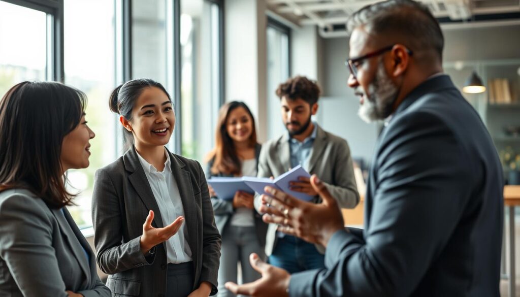 A diverse group of four individuals engaged in a conflict resolution role-play scenario in a well-lit, modern office space. In the foreground, a young woman of Asian descent, dressed in professional business attire, listens intently to a middle-aged Black man, who is speaking animatedly, conveying emotion and gestures. In the middle ground, a Caucasian woman and a teenage Hispanic boy observe the interaction, taking notes and discussing strategies on how to mediate effectively. The background features large windows that let in natural light, enhancing the friendly atmosphere. The mood is collaborative and focused, with an emphasis on active listening and empathy, illustrating the importance of self-advocacy and communication skills in conflict resolution. The lens captures a slight depth of field, drawing attention to the diverse participants engaged in meaningful dialogue. A diverse group of four individuals engaged in a conflict resolution role-play scenario in a well-lit, modern office space. In the foreground, a young woman of Asian descent, dressed in professional business attire, listens intently to a middle-aged Black man, who is speaking animatedly, conveying emotion and gestures. In the middle ground, a Caucasian woman and a teenage Hispanic boy observe the interaction, taking notes and discussing strategies on how to mediate effectively. The background features large windows that let in natural light, enhancing the friendly atmosphere. The mood is collaborative and focused, with an emphasis on active listening and empathy, illustrating the importance of self-advocacy and communication skills in conflict resolution. The lens captures a slight depth of field, drawing attention to the diverse participants engaged in meaningful dialogue.