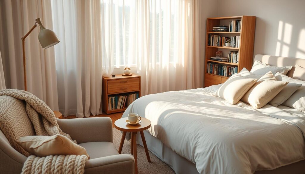 A tranquil bedroom designed for intimate, quiet conversations. In the foreground, a cozy reading nook with a plush armchair and a softly knitted throw, beside a small wooden side table holding a steaming cup of herbal tea. The middle ground features a neatly made bed adorned with soft, pastel-colored linens and an array of comfortable cushions, creating an inviting atmosphere. A warm, diffused light filters through sheer curtains, casting gentle shadows and enhancing the serene mood. In the background, a minimalist bookshelf lined with books on communication and relationships complements the space. The color palette is soft and calming, with light blues, creams, and warm wood tones. The scene evokes a sense of calm and connection, perfect for fostering meaningful discussions.