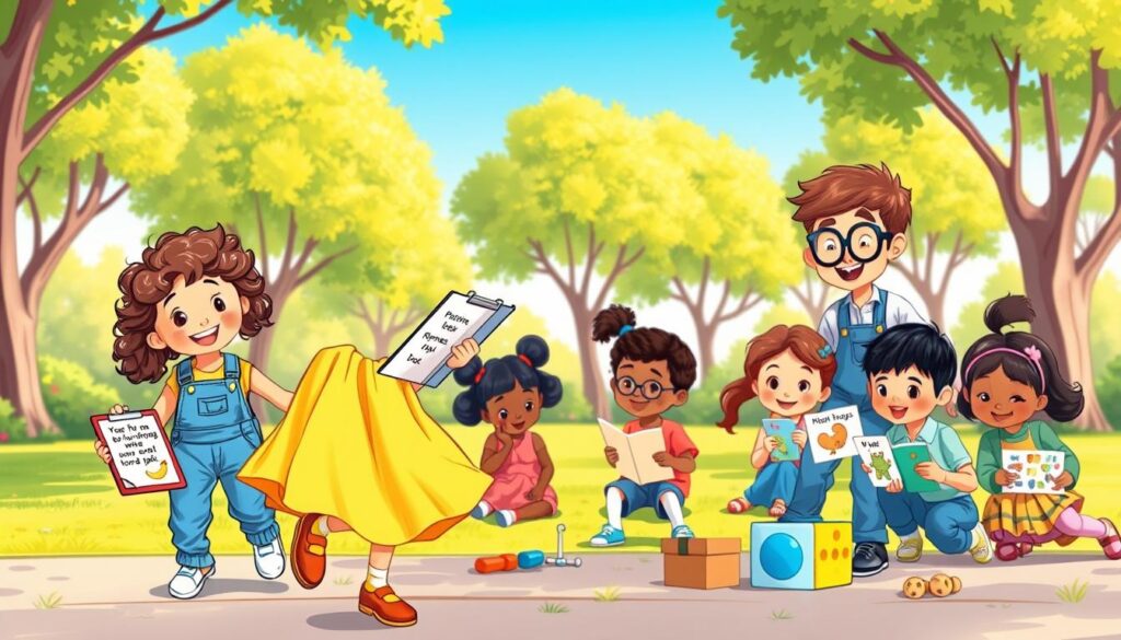 A vibrant and colorful illustration depicting a diverse group of children, aged 3 to 10, engaged in playful learning activities centered around rhymes. In the foreground, a cheerful young girl with curly hair, wearing a bright yellow dress, is jumping rope, reciting fun rhymes. Beside her, a boy with glasses in blue overalls is holding a clipboard filled with creative rhyme ideas. The middle ground features a playful scene of children of various backgrounds, including Asian, Black, and Caucasian, working together, playing games with rhyme cards and interactive toys. In the background, a sunny park setting with lush green trees and a clear blue sky enhances the joyful atmosphere. Soft, warm lighting bathes the scene, creating a feeling of happiness and creativity.