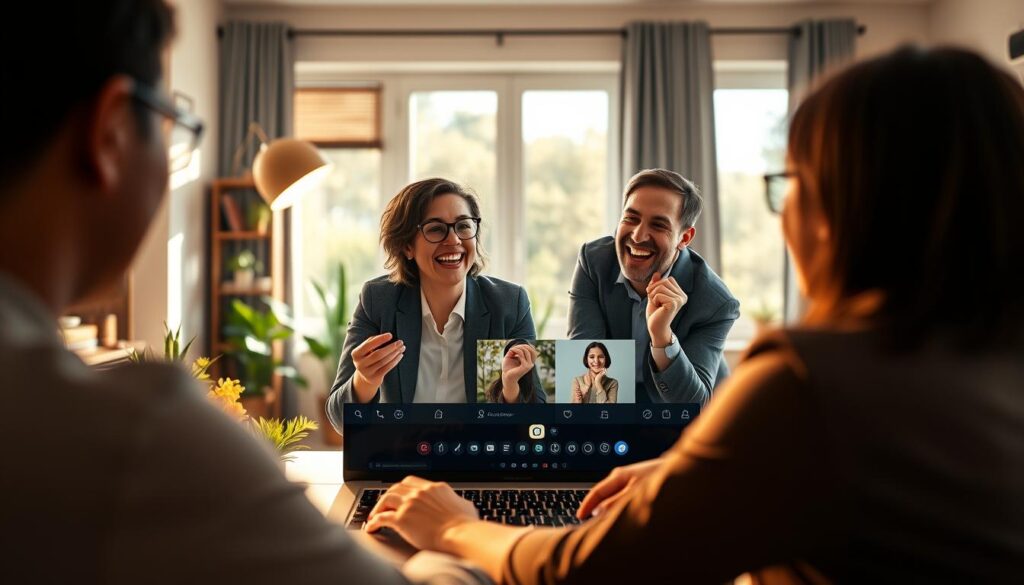 A vibrant digital scene depicting a joyful video call adventure. In the foreground, two adults in professional business attire are engaged in a lively video conference on a laptop screen, expressing enthusiasm and connection. The middle ground features a cozy home office space, decorated with plants and bookshelves, reflecting a modern aesthetic. In the background, a window showcases a sunny day, with nature visible outside, enhancing the positive atmosphere. Soft, warm lighting fills the room, creating a welcoming and productive environment. The camera angle is slightly angled from above, providing a clear view of the screen while capturing the participants' facial expressions of excitement and engagement. The overall mood is lively and inspiring, encapsulating the essence of digital communication adventures. A vibrant digital scene depicting a joyful video call adventure. In the foreground, two adults in professional business attire are engaged in a lively video conference on a laptop screen, expressing enthusiasm and connection. The middle ground features a cozy home office space, decorated with plants and bookshelves, reflecting a modern aesthetic. In the background, a window showcases a sunny day, with nature visible outside, enhancing the positive atmosphere. Soft, warm lighting fills the room, creating a welcoming and productive environment. The camera angle is slightly angled from above, providing a clear view of the screen while capturing the participants' facial expressions of excitement and engagement. The overall mood is lively and inspiring, encapsulating the essence of digital communication adventures.