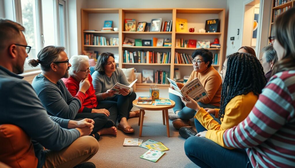 A vibrant, engaging scene depicting a group of diverse adults gathered in a cozy, well-lit room, actively participating in a story chain game. In the foreground, two individuals animatedly share their parts of the story, seated on comfortable floor cushions, while others listen intently, showcasing expressions of focus and excitement. In the middle, a small table holds colorful story prompts and props. The background reveals a welcoming environment with soft lighting, warm colors, and bookshelves filled with various games and resources. The atmosphere is lively yet intimate, with a sense of collaboration and creativity, captured in a slightly angled shot to emphasize interaction among participants, conveying a spirit of teamwork and playful learning.