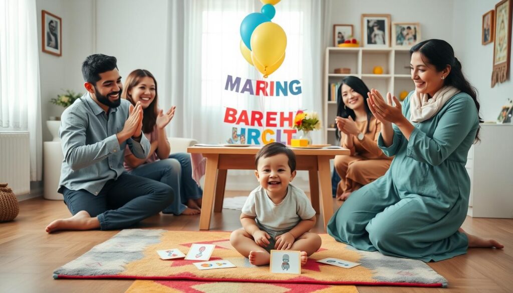 A warm and inviting family scene depicting a group of four individuals engaged in a playful celebration of language development at home. In the foreground, a smiling child sits on a colorful rug with speech cards, surrounded by enthusiastic parents clad in casual, modest clothing. They are actively participating, clapping hands and sharing joyful expressions. In the middle, a table is adorned with balloons and colorful decorations symbolizing milestones achieved in communication. In the background, soft morning light filters through a window, casting a cheerful glow, and family photos adorn the walls, capturing moments of growth. The overall atmosphere is vibrant, supportive, and celebratory, emphasizing the joy of progress in speech and language.