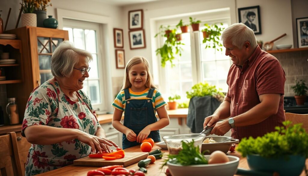 A warm, inviting kitchen setting where three generations of family members engage in lively conversation while cooking. In the foreground, a grandmother with silver hair in a floral apron shares a cherished recipe with her attentive granddaughter, around 8 years old, dressed in a colorful t-shirt and denim overalls. The middle ground features a middle-aged father chopping vegetables, smiling as he listens to their discussion. The kitchen is filled with rich colors and soft, natural light pouring in through a window, illuminating a wooden dining table covered with fresh ingredients and cooking utensils. The background reveals family photos on the walls and potted herbs on the windowsill, creating a cozy and nostalgic atmosphere, emphasizing connection and collaboration across ages. The scene captures the joy of recipe sharing, highlighting the bonds formed through cooking together. A warm, inviting kitchen setting where three generations of family members engage in lively conversation while cooking. In the foreground, a grandmother with silver hair in a floral apron shares a cherished recipe with her attentive granddaughter, around 8 years old, dressed in a colorful t-shirt and denim overalls. The middle ground features a middle-aged father chopping vegetables, smiling as he listens to their discussion. The kitchen is filled with rich colors and soft, natural light pouring in through a window, illuminating a wooden dining table covered with fresh ingredients and cooking utensils. The background reveals family photos on the walls and potted herbs on the windowsill, creating a cozy and nostalgic atmosphere, emphasizing connection and collaboration across ages. The scene captures the joy of recipe sharing, highlighting the bonds formed through cooking together.