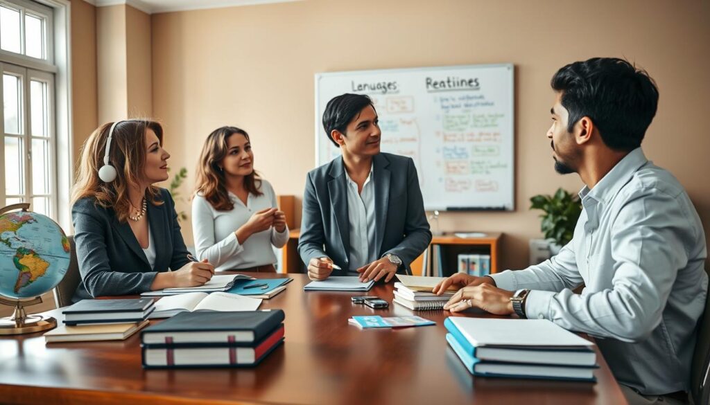 A calm and organized study environment, featuring a polished wooden desk filled with language learning materials such as notebooks, flashcards, and a globe. In the foreground, a diverse group of three individuals—two women and one man—are engaged in a dynamic discussion, wearing smart casual clothing. The women have light to dark brown hair, while the man has short black hair. The middle space showcases a whiteboard with colorful diagrams outlining effective language routines and strategies. In the background, large windows allow soft natural light to flood the room, creating a warm and inviting atmosphere. The overall mood is focused and collaborative, emphasizing learning and interaction, capturing the essence of communication in a bilingual context. A calm and organized study environment, featuring a polished wooden desk filled with language learning materials such as notebooks, flashcards, and a globe. In the foreground, a diverse group of three individuals—two women and one man—are engaged in a dynamic discussion, wearing smart casual clothing. The women have light to dark brown hair, while the man has short black hair. The middle space showcases a whiteboard with colorful diagrams outlining effective language routines and strategies. In the background, large windows allow soft natural light to flood the room, creating a warm and inviting atmosphere. The overall mood is focused and collaborative, emphasizing learning and interaction, capturing the essence of communication in a bilingual context.