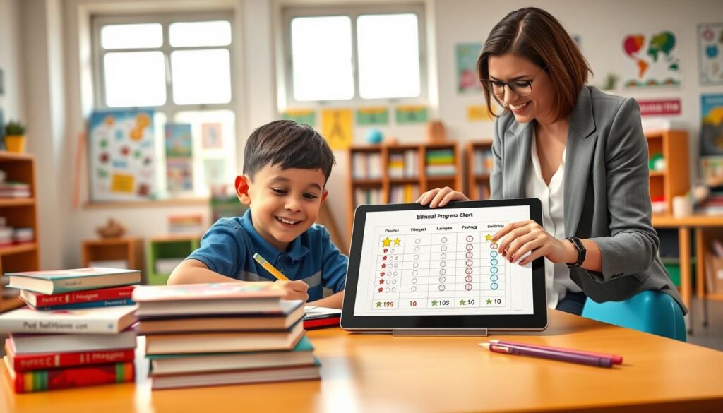 A cheerful classroom environment where a bilingual child, around 8 years old, is seated at a colorful desk stacked with books in two languages. The foreground features the child, focused and writing in a bilingual progress chart, showcasing symbols of achievement like stars and checkmarks. In the middle ground, a caring teacher, dressed in smart casual attire, engages with the child, pointing to the chart on a digital tablet. The background depicts a bright, inviting classroom with educational posters and diverse learning materials, emphasizing language learning. Soft, natural light streams in through large windows, creating an uplifting and encouraging atmosphere. The overall mood is one of enthusiasm and growth, highlighting the journey of tracking bilingual development. A cheerful classroom environment where a bilingual child, around 8 years old, is seated at a colorful desk stacked with books in two languages. The foreground features the child, focused and writing in a bilingual progress chart, showcasing symbols of achievement like stars and checkmarks. In the middle ground, a caring teacher, dressed in smart casual attire, engages with the child, pointing to the chart on a digital tablet. The background depicts a bright, inviting classroom with educational posters and diverse learning materials, emphasizing language learning. Soft, natural light streams in through large windows, creating an uplifting and encouraging atmosphere. The overall mood is one of enthusiasm and growth, highlighting the journey of tracking bilingual development.