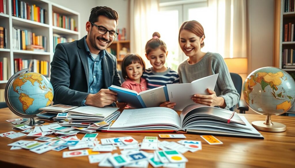 A cozy home office scene showcasing family guide tools for bilingual learning. In the foreground, a wooden desk cluttered with colorful bilingual flashcards and an open textbook, surrounded by a globe and a notepad filled with notes. In the middle, a well-lit area features a family—a father in smart-casual attire, a mother in comfortable clothing, and two children, all engaged in studying together. The family members are smiling, displaying enthusiasm and collaboration. The background includes bookshelves filled with educational books, and a warm, inviting window scene with soft, natural light streaming in. The atmosphere is cheerful and supportive, emphasizing a nurturing environment for bilingual development. Use a soft focus lens effect to add warmth and a welcoming feel to the scene. A cozy home office scene showcasing family guide tools for bilingual learning. In the foreground, a wooden desk cluttered with colorful bilingual flashcards and an open textbook, surrounded by a globe and a notepad filled with notes. In the middle, a well-lit area features a family—a father in smart-casual attire, a mother in comfortable clothing, and two children, all engaged in studying together. The family members are smiling, displaying enthusiasm and collaboration. The background includes bookshelves filled with educational books, and a warm, inviting window scene with soft, natural light streaming in. The atmosphere is cheerful and supportive, emphasizing a nurturing environment for bilingual development. Use a soft focus lens effect to add warmth and a welcoming feel to the scene.