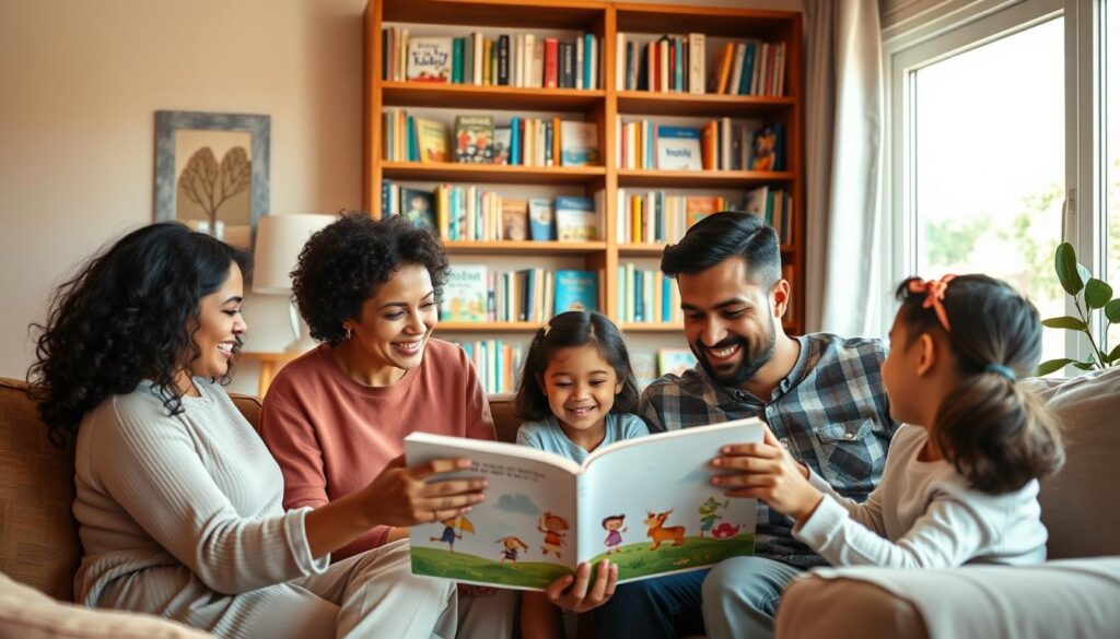 A cozy, warmly lit living room showcasing a diverse family engaged in a bilingual storytelling session. In the foreground, a mother and father, dressed in modest casual clothing, read an illustrated book to their two children, who are of different ethnic backgrounds, attentively listening. The parents are animatedly using their hands to emphasize the story, demonstrating the challenges and joys of bilingual communication. In the middle ground, a large bookshelf filled with children's books in multiple languages symbolizes the resources available for bilingual education. In the background, a window shows a sunny day outside, creating a cheerful and hopeful atmosphere. The image captures a sense of warmth, connection, and the active engagement required to overcome the challenges of raising bilingual kids, with soft, natural lighting enhancing the mood. A cozy, warmly lit living room showcasing a diverse family engaged in a bilingual storytelling session. In the foreground, a mother and father, dressed in modest casual clothing, read an illustrated book to their two children, who are of different ethnic backgrounds, attentively listening. The parents are animatedly using their hands to emphasize the story, demonstrating the challenges and joys of bilingual communication. In the middle ground, a large bookshelf filled with children's books in multiple languages symbolizes the resources available for bilingual education. In the background, a window shows a sunny day outside, creating a cheerful and hopeful atmosphere. The image captures a sense of warmth, connection, and the active engagement required to overcome the challenges of raising bilingual kids, with soft, natural lighting enhancing the mood.