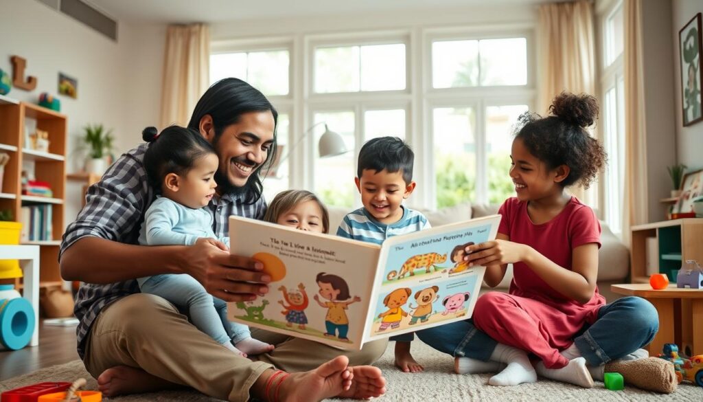A diverse bilingual family of four engaging in their daily routine at home. In the foreground, a father and mother are happily reading a story to their children, who are giggling and pointing at the pictures in a bilingual children's book. The mother, dressed in a colorful, modest top, and the father in a casual button-up shirt, exude warmth and positivity. In the middle, a cozy living room filled with educational toys and language-learning materials, hints of multicultural decor, and a soft rug. In the background, large windows let in natural light, creating an inviting atmosphere. The scene captures genuine connection and joy in family interactions, emphasizing the success of bilingual parenting. The overall mood is uplifting, showcasing an environment of love, learning, and cultural harmony. A diverse bilingual family of four engaging in their daily routine at home. In the foreground, a father and mother are happily reading a story to their children, who are giggling and pointing at the pictures in a bilingual children's book. The mother, dressed in a colorful, modest top, and the father in a casual button-up shirt, exude warmth and positivity. In the middle, a cozy living room filled with educational toys and language-learning materials, hints of multicultural decor, and a soft rug. In the background, large windows let in natural light, creating an inviting atmosphere. The scene captures genuine connection and joy in family interactions, emphasizing the success of bilingual parenting. The overall mood is uplifting, showcasing an environment of love, learning, and cultural harmony.