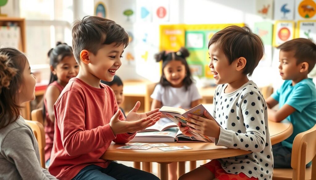 A diverse group of bilingual children engaged in a lively conversation, seamlessly switching between two languages, showcasing their mixed speech patterns. In the foreground, two children, a boy and a girl, are animatedly gesturing and smiling as they share a story, dressed in colorful, casual clothing. The middle ground features other children sitting at a round table, attentively listening and occasionally chiming in, with books and bilingual flashcards scattered around. The background displays a cozy, sunlit classroom adorned with language-related posters. The scene is bright and inviting, filled with warmth, encouraging a sense of curiosity and joy in language learning. Capture the atmosphere of playful interaction and linguistic exploration, using soft, natural lighting to enhance the friendly mood.