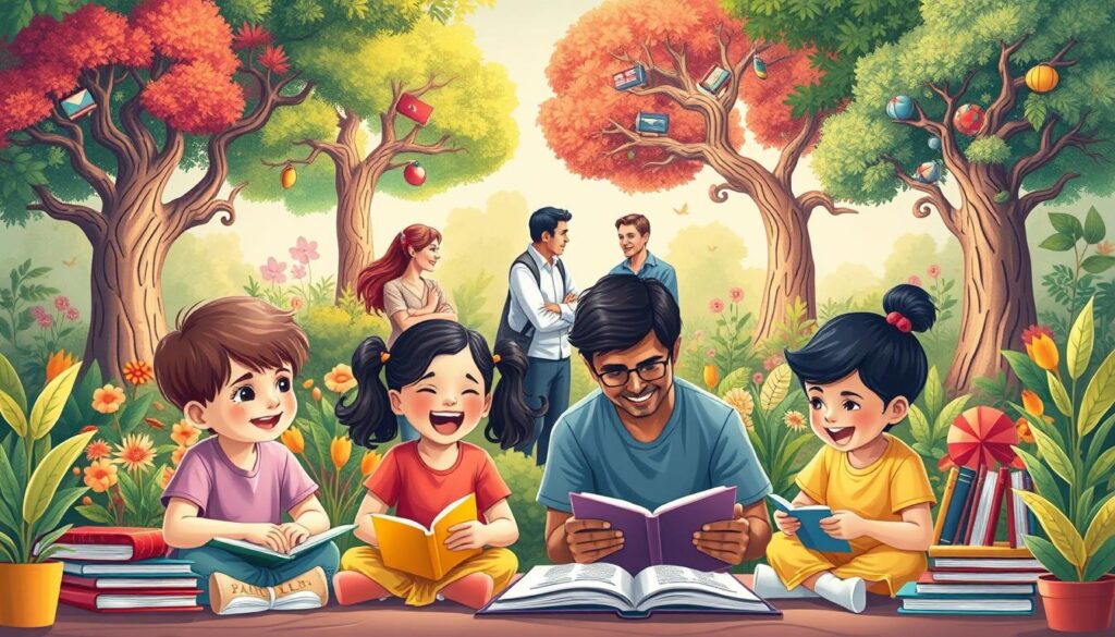 A harmonious bilingual growth ecosystem depicted in a vibrant and engaging illustration. In the foreground, two diverse children, one Caucasian and one Hispanic, are joyfully engaged in a bilingual learning activity, surrounded by colorful books and educational toys. In the middle, parents of various ethnic backgrounds are participating, discussing and encouraging their children in a warm, nurturing atmosphere. The background features a lush garden with trees representing different cultures, each adorned with books and symbols of language, promoting growth and knowledge. The lighting is soft and inviting, capturing a cheerful afternoon ambiance. The composition emphasizes togetherness, learning, and cultural appreciation, creating a lively yet serene environment that reflects the essence of bilingual development. A harmonious bilingual growth ecosystem depicted in a vibrant and engaging illustration. In the foreground, two diverse children, one Caucasian and one Hispanic, are joyfully engaged in a bilingual learning activity, surrounded by colorful books and educational toys. In the middle, parents of various ethnic backgrounds are participating, discussing and encouraging their children in a warm, nurturing atmosphere. The background features a lush garden with trees representing different cultures, each adorned with books and symbols of language, promoting growth and knowledge. The lighting is soft and inviting, capturing a cheerful afternoon ambiance. The composition emphasizes togetherness, learning, and cultural appreciation, creating a lively yet serene environment that reflects the essence of bilingual development.