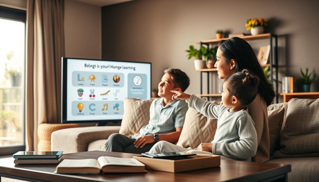 A modern, cozy home setting featuring a diverse family engaging with a smart screen displaying bilingual language learning content. In the foreground, a mother and her child of Middle-Eastern descent intuitively interact with the screen, with the child pointing at engaging illustrations of letters and vocabulary in both English and Spanish. The middle ground includes a stylish coffee table with educational materials like books and tablets. In the background, warm, natural light streams through a window, illuminating vibrant indoor plants and a shelf with language-learning resources. The atmosphere conveys a sense of warmth, encouragement, and connection, emphasizing the role of technology in modern bilingual education. Capture this scene from a slightly elevated angle to showcase the interaction with the smart screen while maintaining a welcoming, homey ambiance. A modern, cozy home setting featuring a diverse family engaging with a smart screen displaying bilingual language learning content. In the foreground, a mother and her child of Middle-Eastern descent intuitively interact with the screen, with the child pointing at engaging illustrations of letters and vocabulary in both English and Spanish. The middle ground includes a stylish coffee table with educational materials like books and tablets. In the background, warm, natural light streams through a window, illuminating vibrant indoor plants and a shelf with language-learning resources. The atmosphere conveys a sense of warmth, encouragement, and connection, emphasizing the role of technology in modern bilingual education. Capture this scene from a slightly elevated angle to showcase the interaction with the smart screen while maintaining a welcoming, homey ambiance.