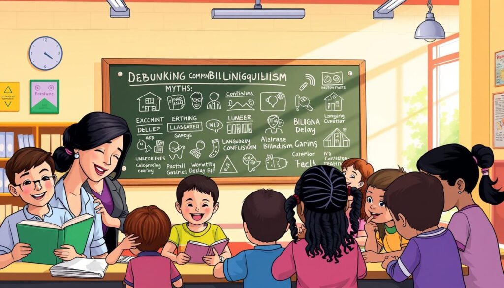 A vibrant and informative illustration depicting the theme of "debunking common bilingualism myths". In the foreground, feature a thoughtful parent, dressed in professional attire, interacting with a diverse group of smiling children engaged in bilingual activities like reading books and playing games. The middle ground showcases a large chalkboard filled with icons representing various myths about bilingualism, such as misconceptions around language delay and confusion. The background portrays a warm, welcoming classroom environment with bright, cheerful colors, natural light streaming through large windows, and educational materials related to language learning. The overall mood is optimistic and empowering, conveying the importance of understanding bilingualism positively, with an emphasis on collaboration and learning.