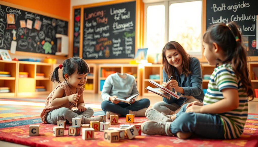 A vibrant classroom scene filled with children engaged in playful language activities. In the foreground, two young children, one of Asian descent and the other of Hispanic descent, are sitting on colorful rugs, surrounded by blocks with letters and word cards, actively playing a language game. In the middle ground, a teacher, wearing professional but casual clothing, observes and notes the children's interactions in a notebook, smiling and encouraging them. The background features a chalkboard filled with drawings and bilingual words, along with a window that lets in warm, natural light, creating a cheerful atmosphere. The mood is joyful and nurturing, highlighting the importance of language play in tracking children's growth. The image should have a soft focus on the background to emphasize the engaged children in the foreground.