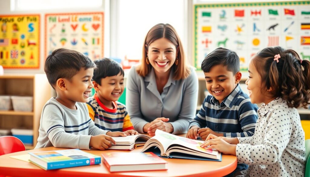 A vibrant classroom scene showcasing the benefits of language switching among bilingual children. In the foreground, two children of diverse ethnic backgrounds enthusiastically engage in a joint activity, one speaking Spanish and the other English. They are seated at a colorful table filled with books and learning materials. In the middle ground, a supportive teacher, dressed in professional attire, observes them with a smile, fostering an encouraging environment. The background features educational posters depicting various languages and cultural symbols, creating a rich atmosphere for learning. The lighting is bright and inviting, suggesting an afternoon sun filtering through large windows, creating a warm and optimistic mood, highlighting connection, collaboration, and the joy of language learning.