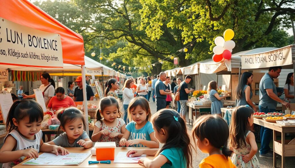 A vibrant community market scene showcasing bilingual activities for children. In the foreground, a diverse group of children, aged 5-10, engage in fun, educational games and crafts, under a colorful tent displaying bilingual signs. The middle ground features families and community members, chatting and interacting at various stalls selling local produce and handmade goods, all adorned with bilingual labels. In the background, balloons and banners create a festive atmosphere, with soft, golden sunlight filtering through the trees, casting warm, inviting shadows. The scene captures a sense of joy and learning, emphasizing community togetherness and cultural exchange, with an overall cheerful and inclusive mood. The angle is slightly elevated, providing a comprehensive view of the bustling marketplace.