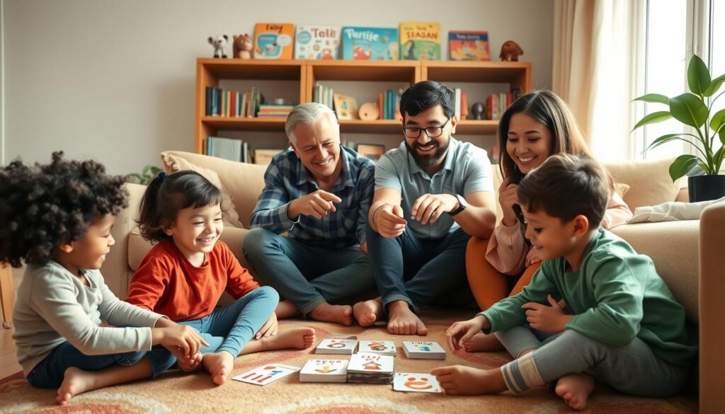 A warm, inviting living room scene featuring a diverse family engaging in bilingual games. In the foreground, children of various ages—one around 6, another 9—are sitting on a colorful rug, animatedly interacting with card games labeled in both English and Spanish. Their expressions are joyful and engaged. In the middle, parents, casually dressed, are leaning over to assist, pointing at the cards and cheering on the children. The background showcases a cozy bookshelf filled with bilingual books and educational toys. Soft, natural lighting streams in through a window, creating a cheerful atmosphere. The scene captures a sense of togetherness, learning, and play, embodying a vibrant everyday family adventure in language learning. A warm, inviting living room scene featuring a diverse family engaging in bilingual games. In the foreground, children of various ages—one around 6, another 9—are sitting on a colorful rug, animatedly interacting with card games labeled in both English and Spanish. Their expressions are joyful and engaged. In the middle, parents, casually dressed, are leaning over to assist, pointing at the cards and cheering on the children. The background showcases a cozy bookshelf filled with bilingual books and educational toys. Soft, natural lighting streams in through a window, creating a cheerful atmosphere. The scene captures a sense of togetherness, learning, and play, embodying a vibrant everyday family adventure in language learning.