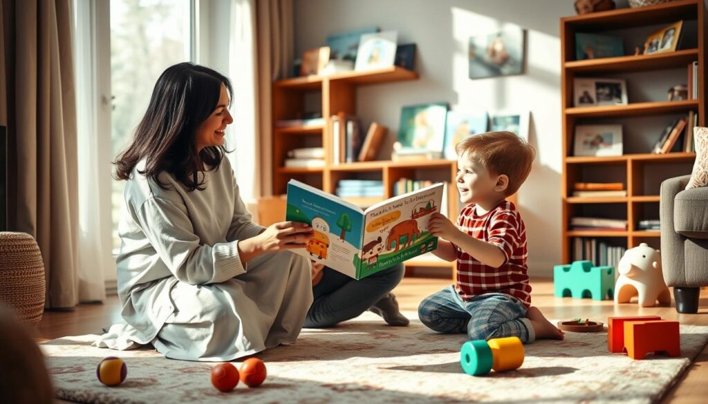 A warm, inviting scene of a parent and child engaged in a language-mixing conversation in a cozy living room. In the foreground, the parent, a South Asian woman wearing modest casual clothing, is smiling and kneeling beside her young child, a Caucasian boy, who is excitedly holding a picture book. The middle ground features a soft, colorful rug and scattered toys that emphasize a nurturing environment. In the background, a bookshelf filled with bilingual children’s books and family photographs adds depth to the setting. Soft, natural light streams in through a nearby window, casting gentle shadows that create a comforting atmosphere. The mood is joyful and intimate, capturing the essence of bilingual communication and shared learning moments between parent and child.