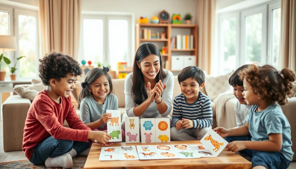 A bright, inviting living room scene centered around a family engaging in a daily routine encouraging speech sounds. In the foreground, a diverse group of three children, aged 4-7, joyfully playing a sound-based game with colorful cards featuring various animals. Lively expressions on their faces convey excitement and engagement. In the middle, a parent, dressed in casual yet professional attire, supports one child by clapping and offering cheerful encouragement. The background features cozy furniture, a bookshelf filled with educational toys, and warm ambient light filtering through large windows, creating a friendly atmosphere. Capture this scene with a soft focus on the subjects, using natural light for a cheerful and uplifting mood. A bright, inviting living room scene centered around a family engaging in a daily routine encouraging speech sounds. In the foreground, a diverse group of three children, aged 4-7, joyfully playing a sound-based game with colorful cards featuring various animals. Lively expressions on their faces convey excitement and engagement. In the middle, a parent, dressed in casual yet professional attire, supports one child by clapping and offering cheerful encouragement. The background features cozy furniture, a bookshelf filled with educational toys, and warm ambient light filtering through large windows, creating a friendly atmosphere. Capture this scene with a soft focus on the subjects, using natural light for a cheerful and uplifting mood.