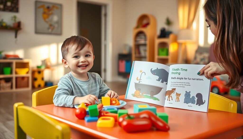 A cheerful child, around five years old, engaged in learning during daily routines at home. In the foreground, the child sits at a colorful, child-sized table, smiling as they choose healthy snacks from a vibrant array of fruits and vegetables. On the table, there are playful shapes and toys, enhancing the learning experience. In the middle ground, a parent is gently guiding the child, using an illustration book that depicts bath time animals, suggesting a transition to bath narration. The background shows a tidy living room, with toys and books neatly organized. Soft, warm lighting from a nearby window creates an inviting atmosphere, emphasizing a nurturing environment. The scene captures the essence of playful learning and connection, encouraging engagement through routine activities. A cheerful child, around five years old, engaged in learning during daily routines at home. In the foreground, the child sits at a colorful, child-sized table, smiling as they choose healthy snacks from a vibrant array of fruits and vegetables. On the table, there are playful shapes and toys, enhancing the learning experience. In the middle ground, a parent is gently guiding the child, using an illustration book that depicts bath time animals, suggesting a transition to bath narration. The background shows a tidy living room, with toys and books neatly organized. Soft, warm lighting from a nearby window creates an inviting atmosphere, emphasizing a nurturing environment. The scene captures the essence of playful learning and connection, encouraging engagement through routine activities.